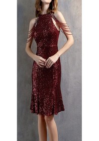 Resim Hanife Glam Couture Hanife Glam Boncuk Detaylı Pulpayet Abiye Elbise Bordo 