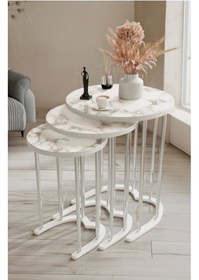 Resim Tokyo Gümüş Beyaz Mermer Mdf 3 Lü Yuvarlak C Zigon Sehpa Beyaz 