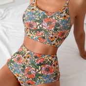 Resim ADMYYROL Kadınlar için Çiçek Desenli Bikini Takımı - Yüksek Esneklikli Spagetti Askılı, Canlı Turuncu, Mavi ve Yeşil Çiçek Desenli, Yaz Plaj Tatilleri için Mükemmel, Plaj Kıyafeti|Canlı Çiçek Desenli|Yüksek Esneklikli Kumaş 