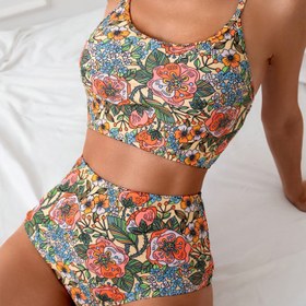 Resim ADMYYROL Kadınlar için Çiçek Desenli Bikini Takımı - Yüksek Esneklikli Spagetti Askılı, Canlı Turuncu, Mavi ve Yeşil Çiçek Desenli, Yaz Plaj Tatilleri için Mükemmel, Plaj Kıyafeti|Canlı Çiçek Desenli|Yüksek Esneklikli Kumaş 