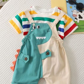 Resim Yaz Yeni Gelen Erkek Çocuklar için Rahat Sevimli Dinozor Desenli T-Shirt Kısa Kollu Romper Seti, Dış Mekanlar için Mükemmel 