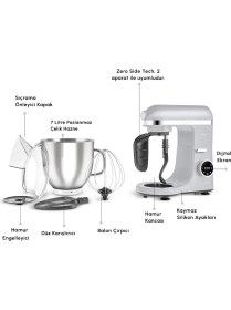 Resim Karaca 2000W Yüksek Güçlü ve 7 Litrelik Büyük Hazneli Dijital Ekranlı Çırpma, Karıştırma ve Hamur Yoğurma Makinesi & Mutfak Şefi + Hassas Mutfak Tartı 