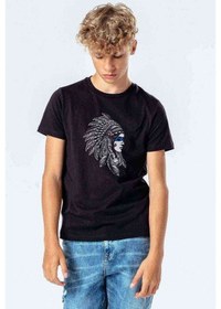 Resim Tshirthane Kızılderili Kız Mavi Şeritli Baskılı Unisex Çocuk Siyah Tshirt 