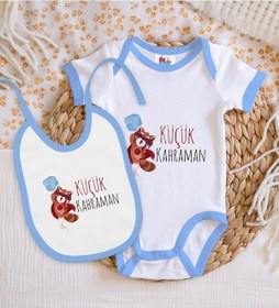 Resim Bk Kids Küçük Kahraman Tasarımlı Mavi Bebek Body Zıbın Ve Mama Ön Çok Renkli 