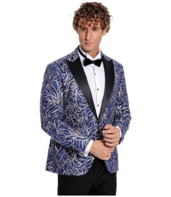 Resim Wessi Işıltılı Sarmaşık Desenli Slim Fit Mavi Erkek Smokin Ceket Mavi 