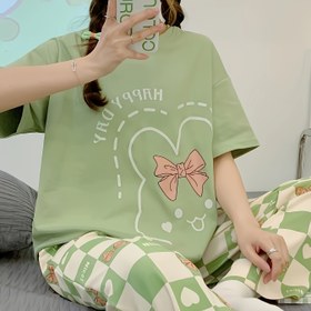 Resim Kadınlar için Günlük Ev Giyimi Kısa Kollu Uzun Pantolon Yuvarlak Yaka Karikatür Tavşan Baskılı Yazlık Pijama Takımı 