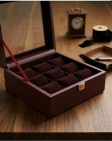 Resim Premium 9 Yuvalı Deri Kaplama Cam Kapaklı Şık Tasarım Saat Saklama Kutusu Ebat 23x25 Cm Bordo 