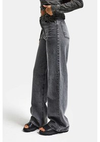 Resim Itsbasic Kadın Füme Renk 4s513 Loose Fit Kemeri Leopar Desenli Denim Jean 