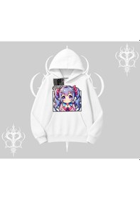 Resim Kapşonlu Sweatshirt Hello Anime Kız Sevimli Karakter Baskılı Beyaz 