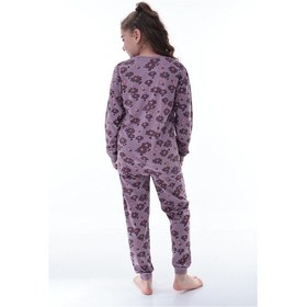 Resim Kız Çocuk Çiçek Desenli Pamuklu Pijama Takımı 8-13 Yaş Rahat Uyku Takımı Mor 