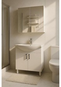 Resim 65 Cm Beyaz Mdf Seramik Lavabolu Ayaklı Aynalı Banyo Dolabı Beyaz 