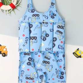 Resim Sevimli Erkek Çocuklar için Tek Parça Yüzen Mayo, Karikatür Ekskavatör Tasarımı - Esnek, Hızlı Kuruyan Polyester/Elastan Karışımı, Makinede Yıkanabilir - Küçük Çocuklar & Çocuk Mayo için Mükemmel 