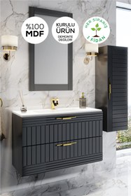 Resim Erguvan Antrasit 80 Cm Banyo Dolabı Ayna Lavabo Boy Dolabı 