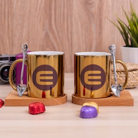 Resim Procity Enj Enjin Coin Logolu Ikili Ahşap Altlıklı Kaşıklı Gold Kupa Bardak 