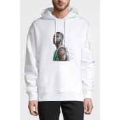 Resim Qivi Basketbol Sporcu Baskılı Beyaz Erkek Örme Kapşonlu Sweatshirt Uzun Kol 