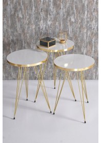 Resim Zigon Sehpa Ve Orta Sehpa Elips Set Gold Beyaz Tel Ayak 