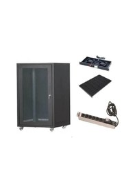 Resim Setrack 19'' 16u 600x600 Camlı Tekerlekli Rack Kabinet+fan+sabit Raf+priz 