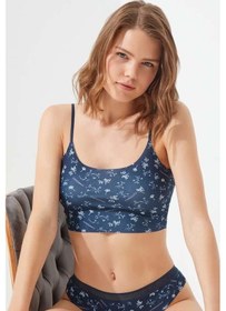 Resim Cottonhill Lacivert Desenli Ayarlanabilir Askılı Lazer Kesim Kadın Crop Büstiyer Dsn19 
