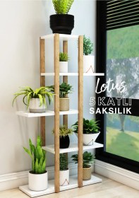 Resim Lotus Ahşap 5 Katlı Çiçeklik, Saksılık, Çiçek Standı, Dekoratif Raf / Çok Amaçlı Kullanım Beyaz 