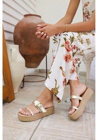 Resim Luzy Kadın Bej Gercek Suet Tokalı Espadril Terlik Altin Deri 