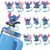 Resim 6 adet/12 adet Disney Stitch Yeniden Kullanılabilir Silikon Pipet Başlıkları ve Kapakları Koruyucu - Renkli Karikatür Karakter Tasarımı Gitar, Barış İşareti, Kalp Şekli - Dayanıklı Gerçek Pipet Değil Kadın Moda Aksesuarları İçin Uygun, 14 Yaş Üstü Kadınlar İçin İçecek Aksesuarları | Karikatür Karakter Pipet | Elastik Pipet Kapakları 