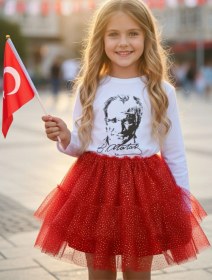 Resim Kız Çocuk Simli Kırmızı Tütü Etek Milli Bayramlara Özel Yaldızlı Astarlı Tütü Kız Çocuk Etek Kırmızı 