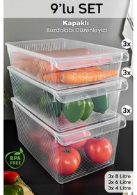 Resim 9'lu Kapaklı Buzdolabı Düzenleyici Set - Meyve Sebze Saklama Kabı Dolap İçi Organizer 3x 4-6-8 Lt Şeffaf 