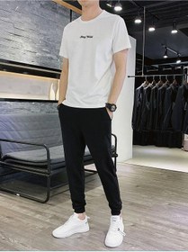 Resim Stay Beyaz T-shirt Siyah Eşofman Altı Jogger - Baskılı Alt Üst Eşofman Takım Oversize Bisiklet Yaka Beyaz Siyah 