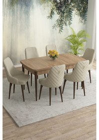 Resim Meri Serisi 80x132 Açılabilir Mdf Meşe Masa Takımı 6 Cappucino Sandalye Kahve Ayak Krem 