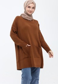 Resim ilmek Kadın Taba Çift Cepli Tesettür Uzun Tesettür Triko Tunik 4305 