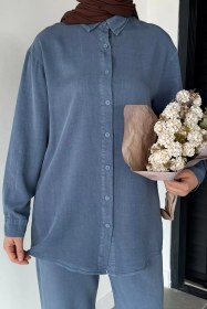 Resim Tesettür Tensel Kumaş Gömlek Tunik İndigo TZL-P-00021264 