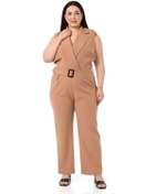 Resim Büyük Beden Kruvaze Beli Lastikli Fermuar Kapamalı Kemerli Vizon Tulum-vizon Vizon 