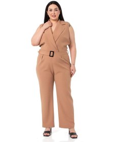 Resim Büyük Beden Kruvaze Beli Lastikli Fermuar Kapamalı Kemerli Vizon Tulum-vizon Vizon 