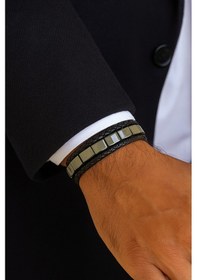 Resim Metal Bloklu Siyah Hakiki Deri Erkek Bileklik Mıknatıslı Metal Tokalı, Modern Tasarım75-7 Antrasit 