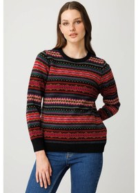 Resim Kadın Sıfır Yaka Komple Jakarlı Yün Kazak Siyah Siyah 