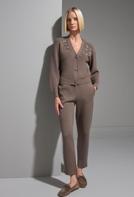 Resim El İşi Taş İşlemeli Kahverengi Triko Hırka 