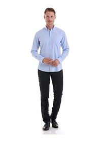 Resim Hatemoğlu Mavi Comfort Fit Düz 100% Pamuk Düğmeli Yaka Uzun Kollu Casual Ox Mavi 