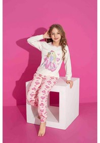 Resim Kız Çocuk Desenli Uzun Kollu Pijama Takımı-445 KREM Krem 