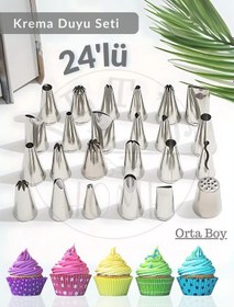 Resim 24 Parça Krema Duyu Seti Orta Boy Şanti Duyu Çelik Pasta Süsleme Duyu-dolgusu Metalik Gri 