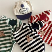 Resim Şık Çizgili Ayı Nakışlı ve Moda Yama Detaylarına Sahip İki Bacaklı Evcil Hayvan Tişörtü - Küçük Köpekler & Kediler için Tüm Sezon Rahatlığı, Kolay Giydirme Tasarımı, Çok Renk Seçenekleri (Beyaz/Mavi, Kırmızı/Yeşil, Lacivert/Bej), Köpek Gömleği 