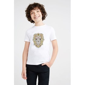 Resim Lion Floral Baskılı Unisex Çocuk Beyaz T-Shirt 