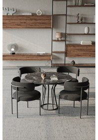 Resim Avvio Metal Teddy Sandalye 90x90 Yuvarlak Kum Saati Ayak Mutfak Masası Takımı Yemek Masası Takımı Siyahmermer 