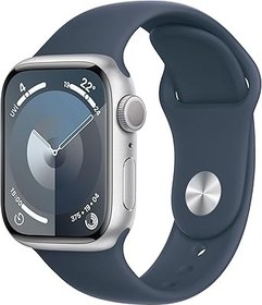 Resim Apple Watch Series 9 GPS 41 mm Gümüş Rengi Alüminyum Kasa Akıllı Saat ve Fırtına Mavisi Spor Kordon - S/M. Fitness Takibi, Kanda Oksijen ve EKG Uygulamaları, Hep Açık Retina Ekran 