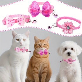 Resim 3 adet Çiçekli Kedi Yaka ile Ayarlanabilir Zil ve Kurdele Süsü - Pembe ve Beyaz Polyester Pet Yaka Küçük Köpekler ve Kediler için, Sevimli Pet Aksesuarları, Kedi Yaka, Oynak Pet Tasarımı, Dayanıklı Pet Yaka, Pil Olmadan 