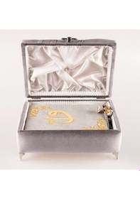 Resim Çizgili Kutu Çeyizlik, Seccade + Tesbih + Kuran Hediye Seti Orta Boy, Kadife, Gri, Elif-vav 