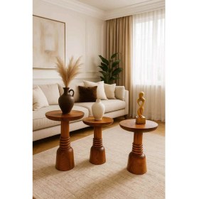 Resim Doğal Meşe Ahşap Mantar Sehpa 3lü Set Fiskos & Zigon Takımı 