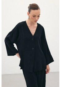 Resim Düğmeli Kimono - Siyah Siyah 