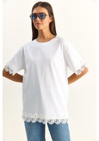 Resim Shade Kadın Bisiklet Yaka Dantel Detaylı Oversize T-shirt 2134 60286120 - Beyaz 