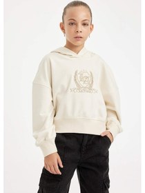 Resim DeFacto Kız Çocuk Ekru Oversize Geniş Kalıp Kapüşonlu İşlemeli Kalın Sweatshirt D2885A824WNER233 