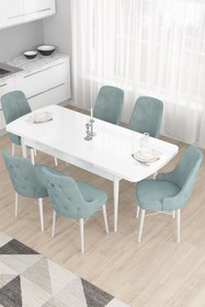 Resim Canisa Taç Serisi Açılabilir Mutfak Masası Takımı 80x132 Beyaz Masa 6 Su Yeşili Sandalye 